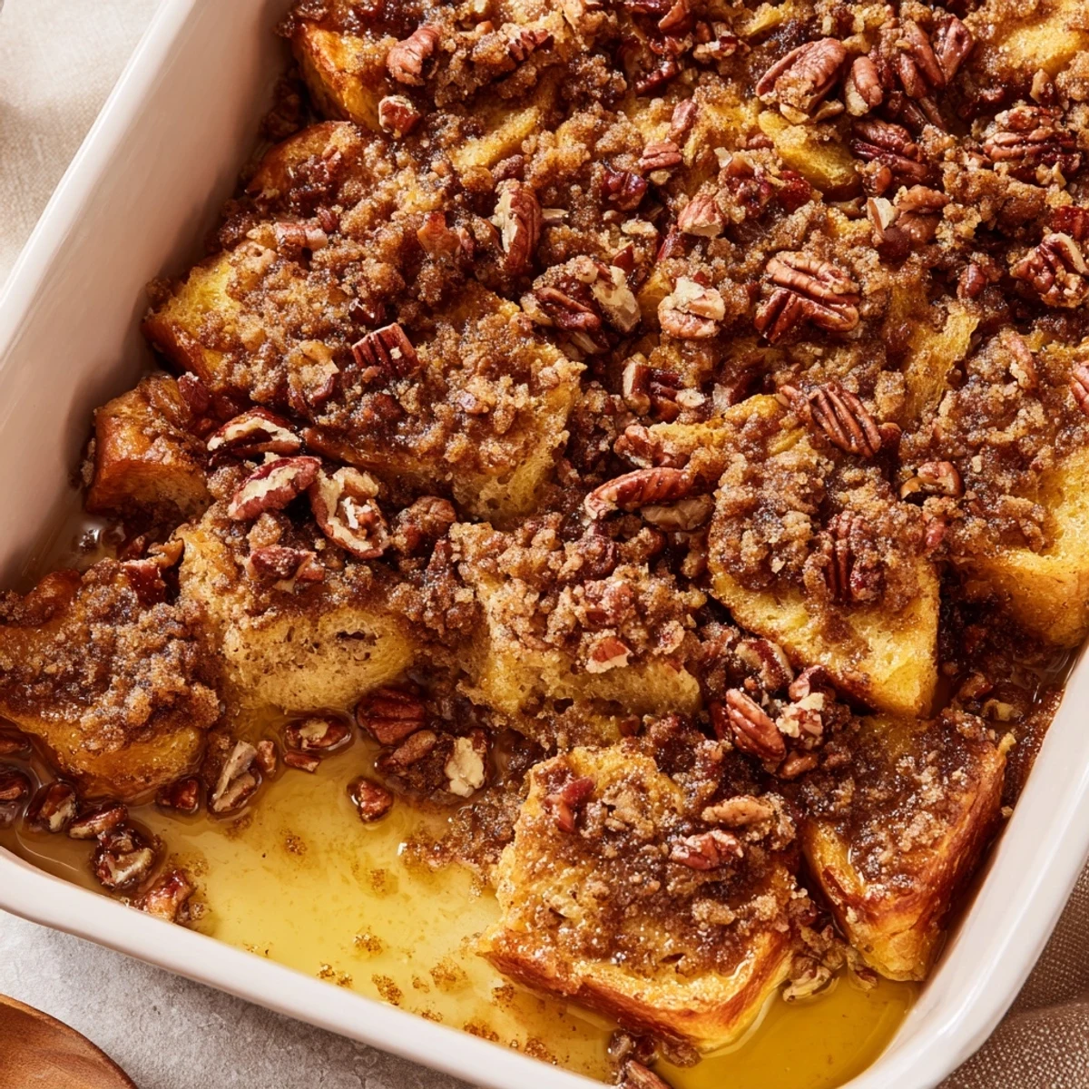 A warm slice of French Toast Casserole reveals golden custard-soaked brioche and a crunchy pecan topping, ready for a cozy brunch.