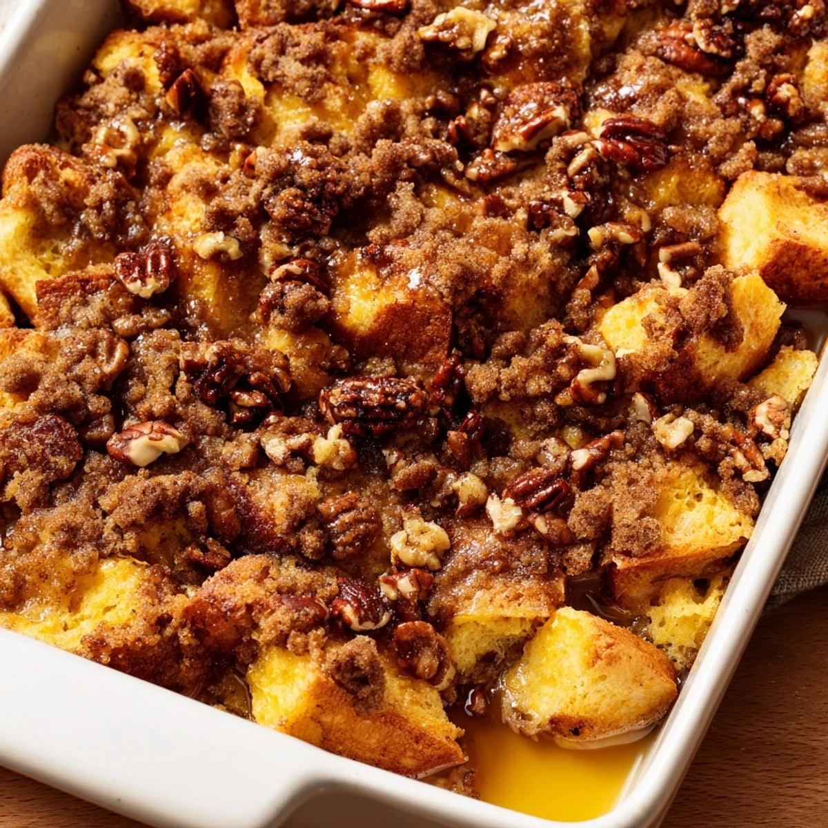Steam rises from the freshly baked French Toast Casserole, showing tender bread cubes infused with cinnamon and vanilla for a comforting breakfast.