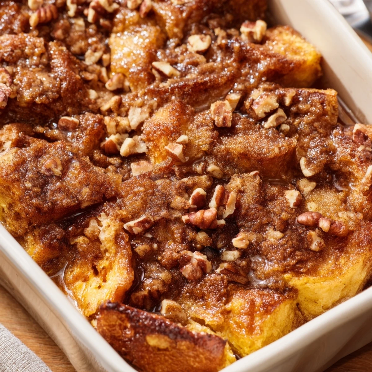 Serve the French Toast Casserole with fresh berries and maple syrup on the side, highlighting its rich, sweet flavors and soft texture.