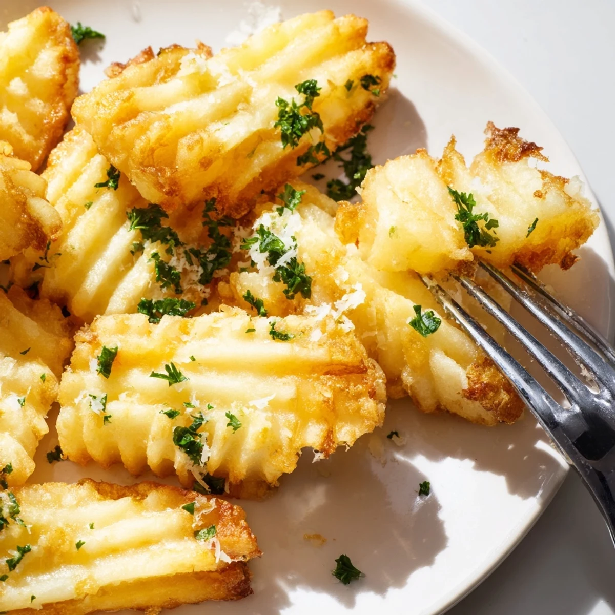 Golden, crispy Crispy Mashed Potato Fries on a plate served with ketchup and parsley garnish.