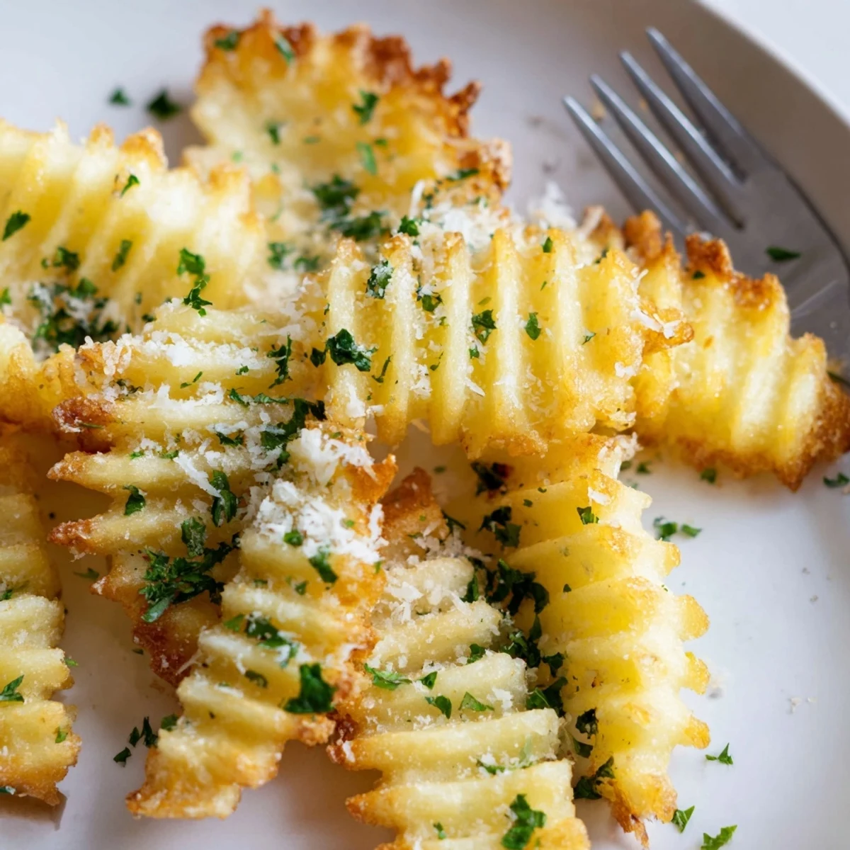 A close up of Crispy Mashed Potato Fries with a golden brown exterior and fluffy interior.