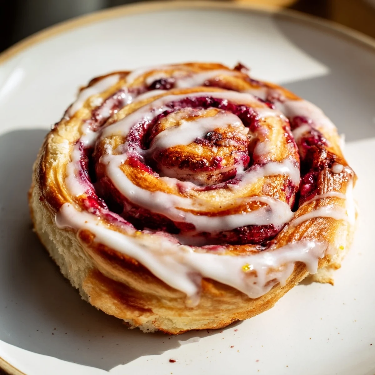Warm Raspberry Cinnamon Rolls with Lemon Glaze stacked on a cooling rack, perfect for breakfast or brunch.