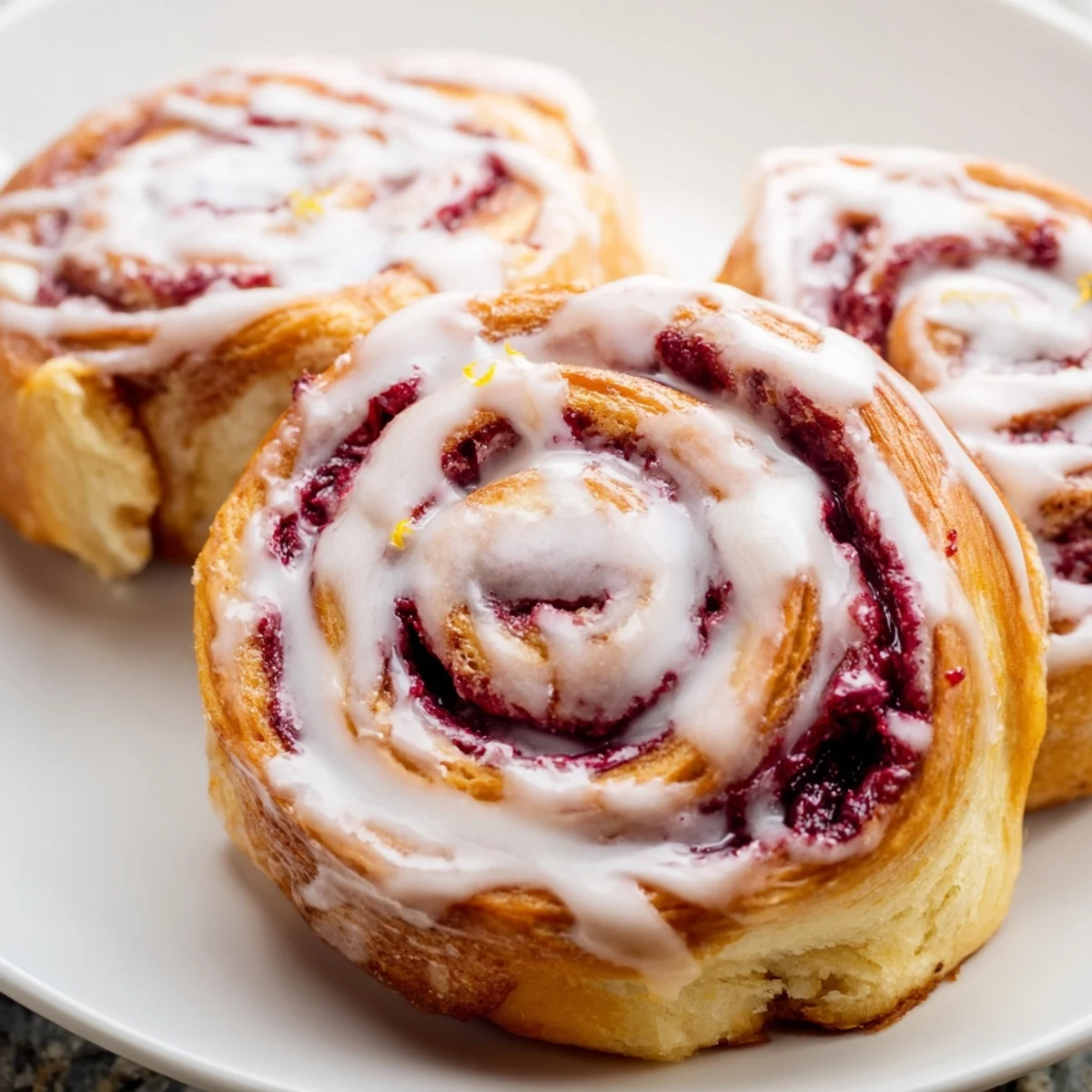 Freshly baked Raspberry Cinnamon Rolls with Lemon Glaze on a rustic wooden table, ready to serve.