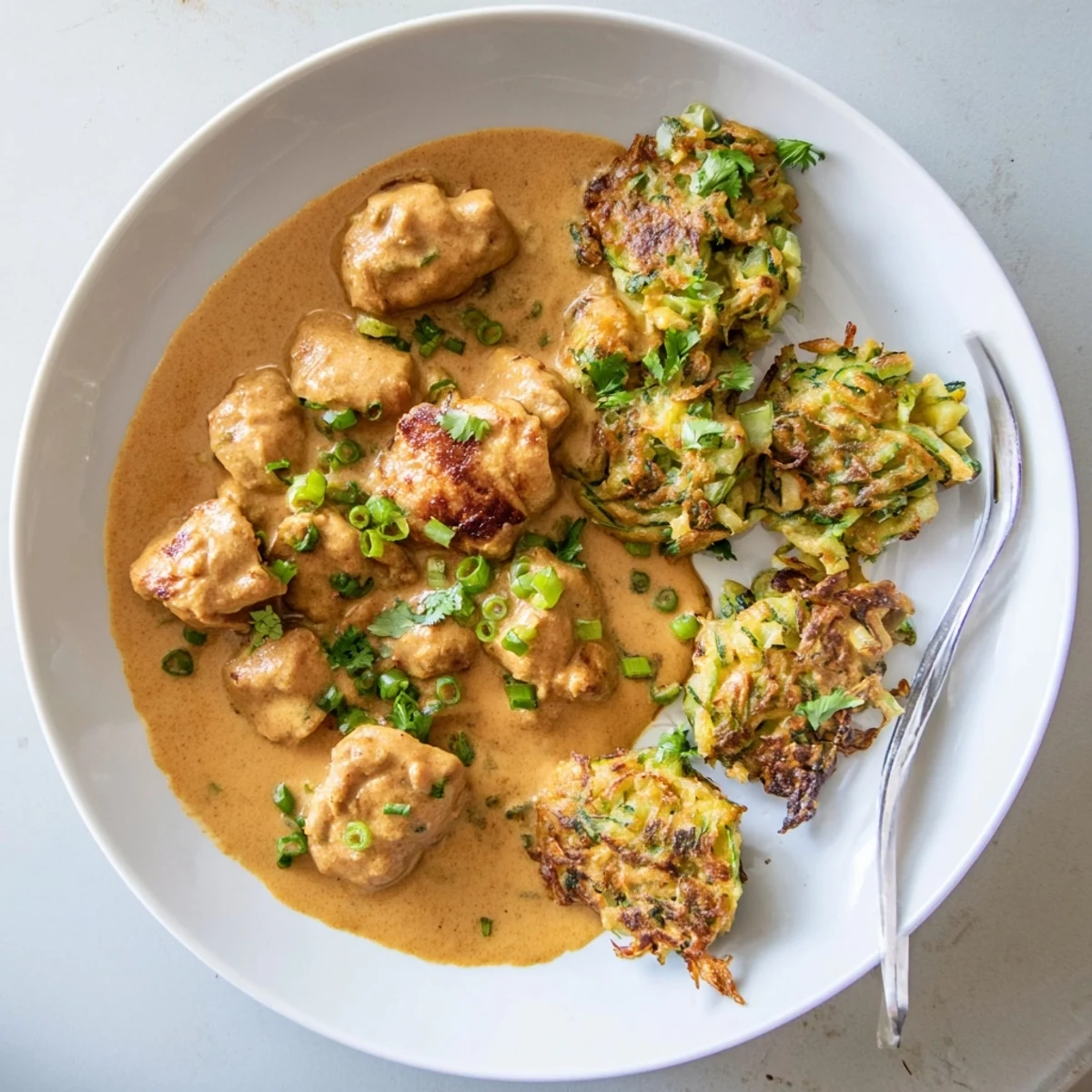 Steaming bowls of creamy butter chicken alongside golden vegetable fritters on a rustic table.