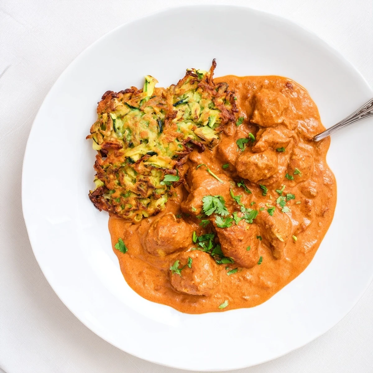 A close-up of crispy vegetable fritters next to a rich, orange butter chicken sauce.