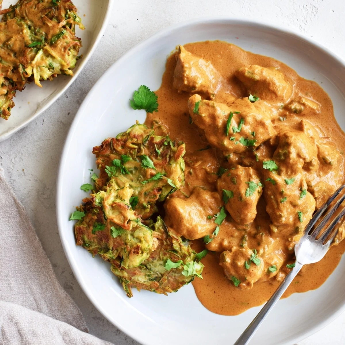 Enjoying butter chicken and vegetable fritters served hot with fresh garnish for a complete meal.