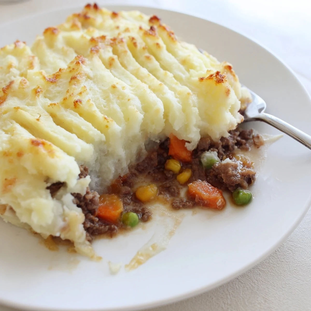 Fork-lifted ridges top golden mashed potatoes in this Easy Shepherds Pie recipe photo, hiding rich beef and peas.
