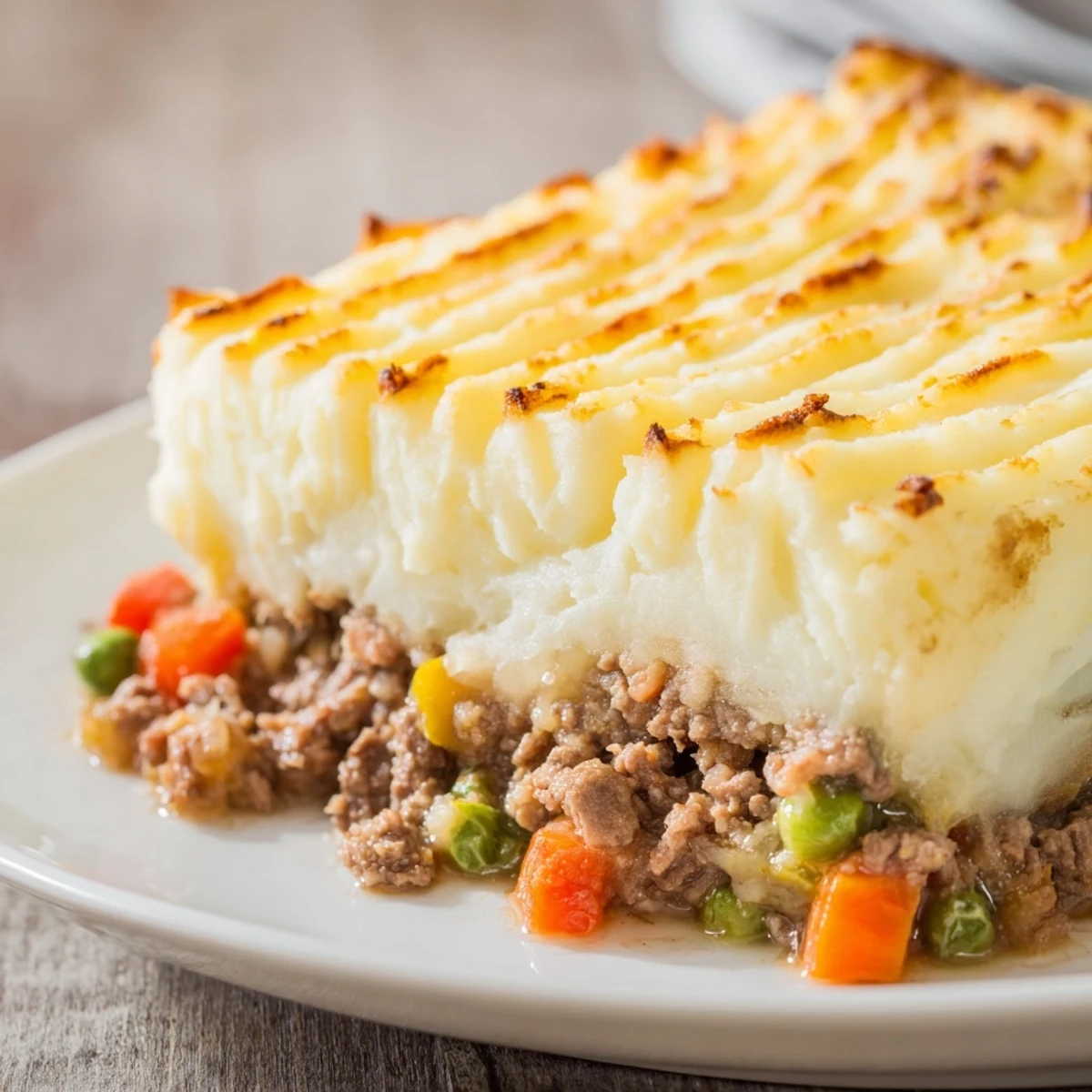 In a rustic skillet, bubbling Easy Shepherds Pie showcases tender carrots and peas beneath fluffy whipped potato topping.