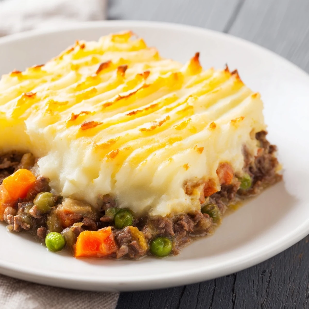 Easy Shepherds Pie emerges from the oven, its creamy potato peaks lightly browned over savory ground beef filling.