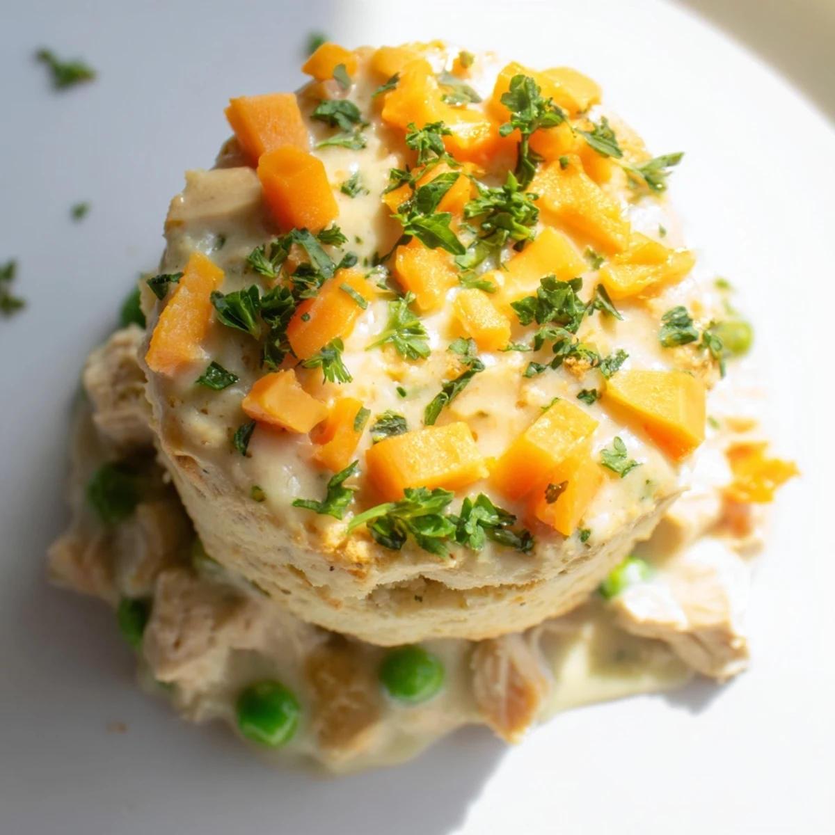 Golden brown Red Lobster biscuit chicken pot pie emerges from the oven with steam rising from the creamy filling.