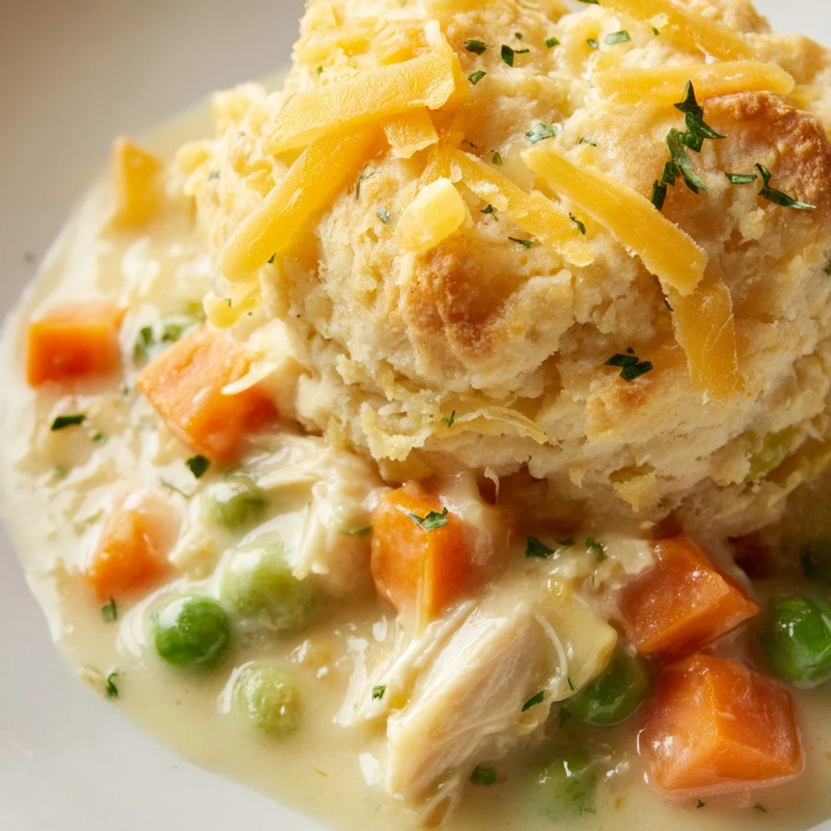 Family-style dinner featuring Red Lobster biscuit chicken pot pie with a bubbly filling and melted cheddar topping.