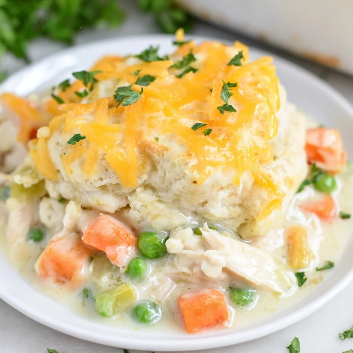 A hearty serving of Red Lobster biscuit chicken pot pie shows flaky biscuit tops over vegetables and chicken.