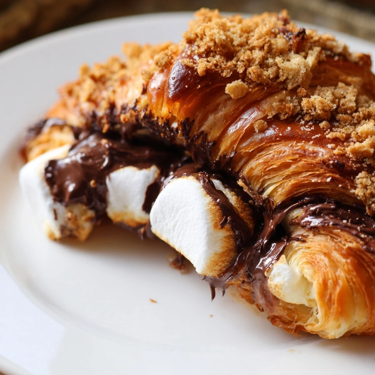 Golden brown Smores Crescent Rolls fresh from the oven, showing gooey chocolate and marshmallow filling on a baking sheet.
