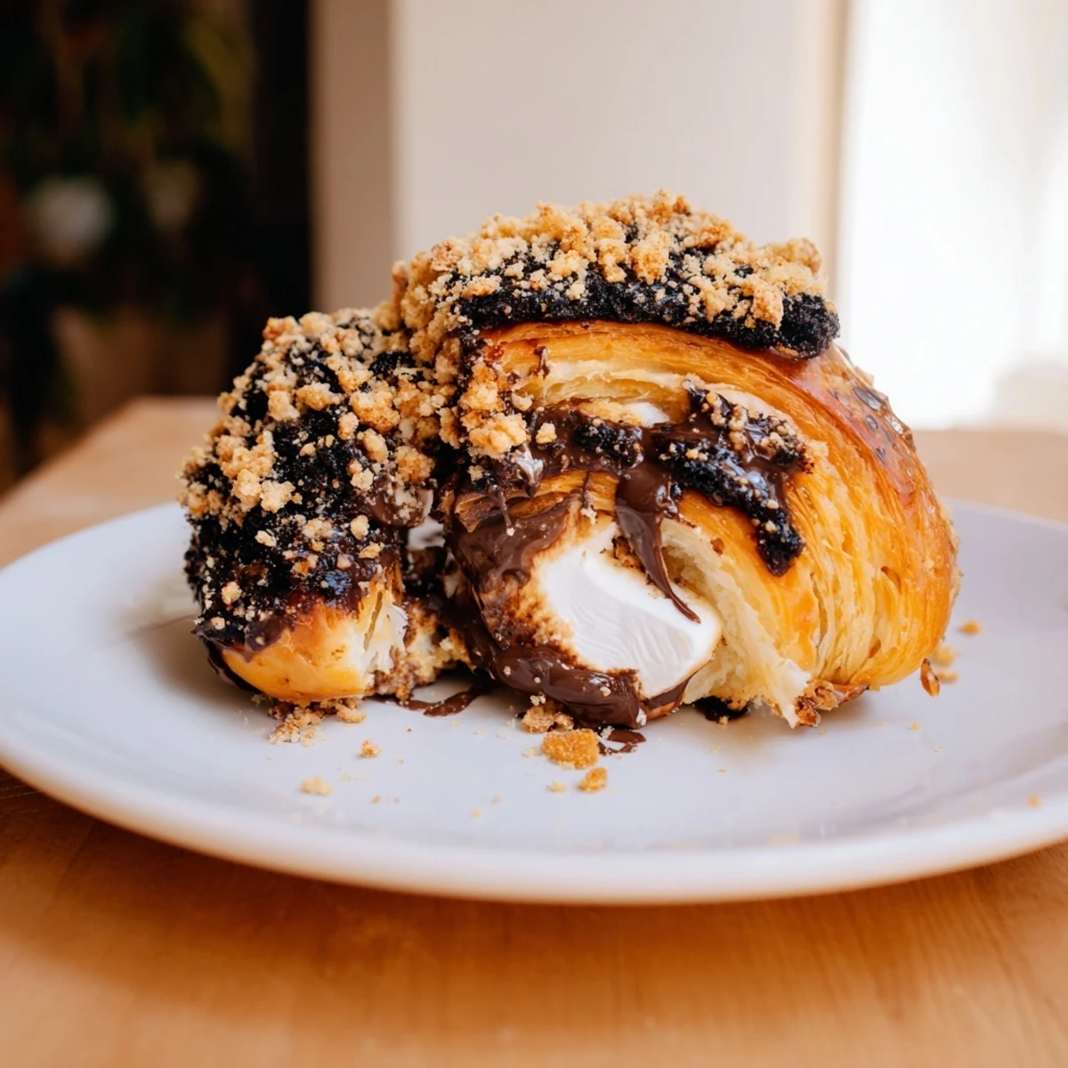 Warm Smores Crescent Rolls with graham cracker topping, served on a white plate next to a glass of cold milk.