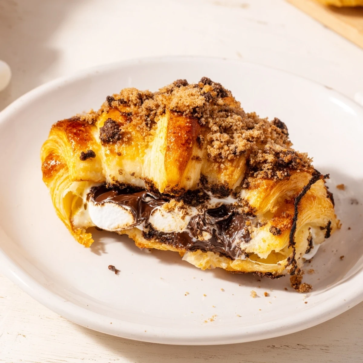 Freshly baked Smores Crescent Rolls with flaky dough, melted chocolate, and toasted marshmallows on a parchment-lined baking sheet.