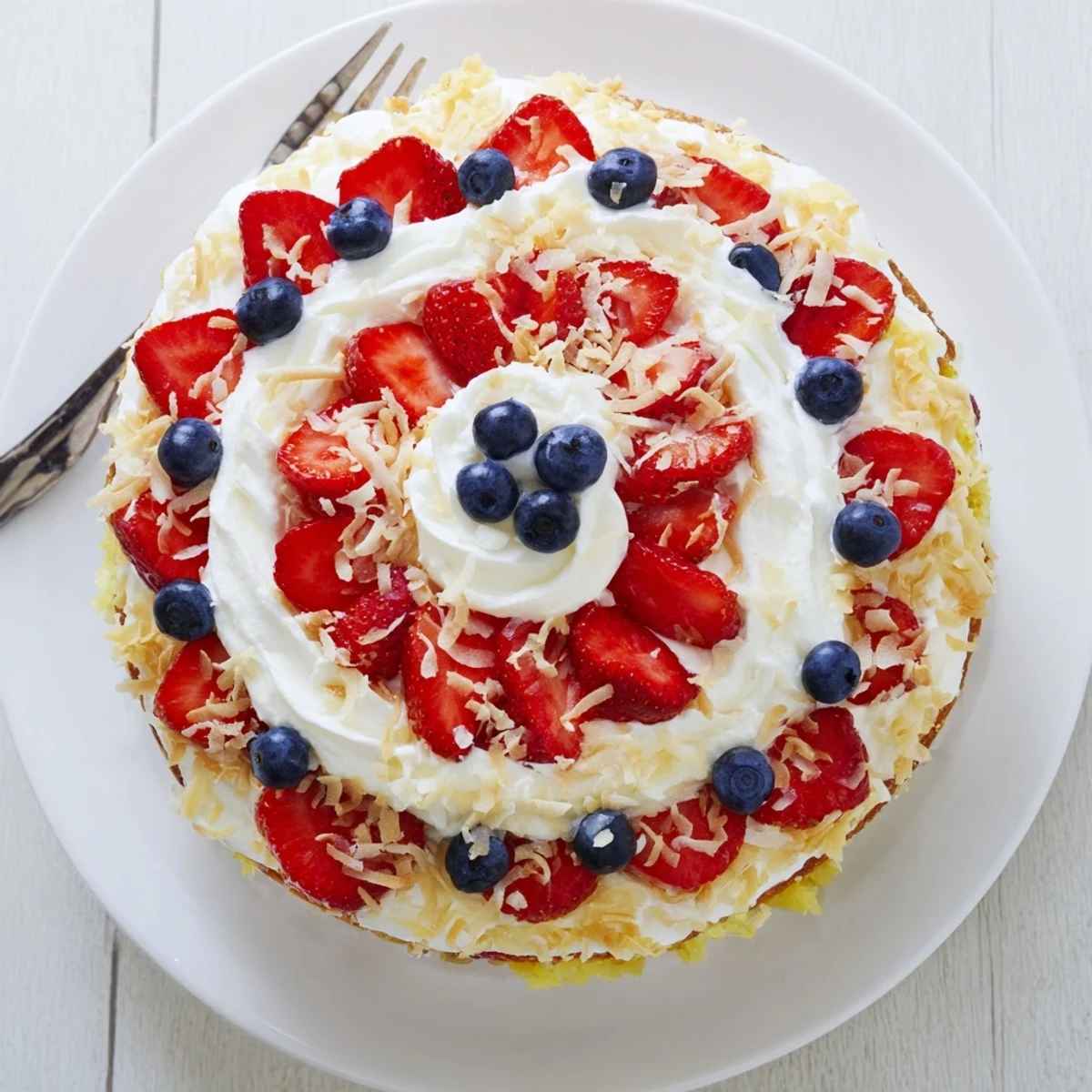 A slice of Pineapple Coconut God Bless America Cake with moist layers and a patriotic berry topping.