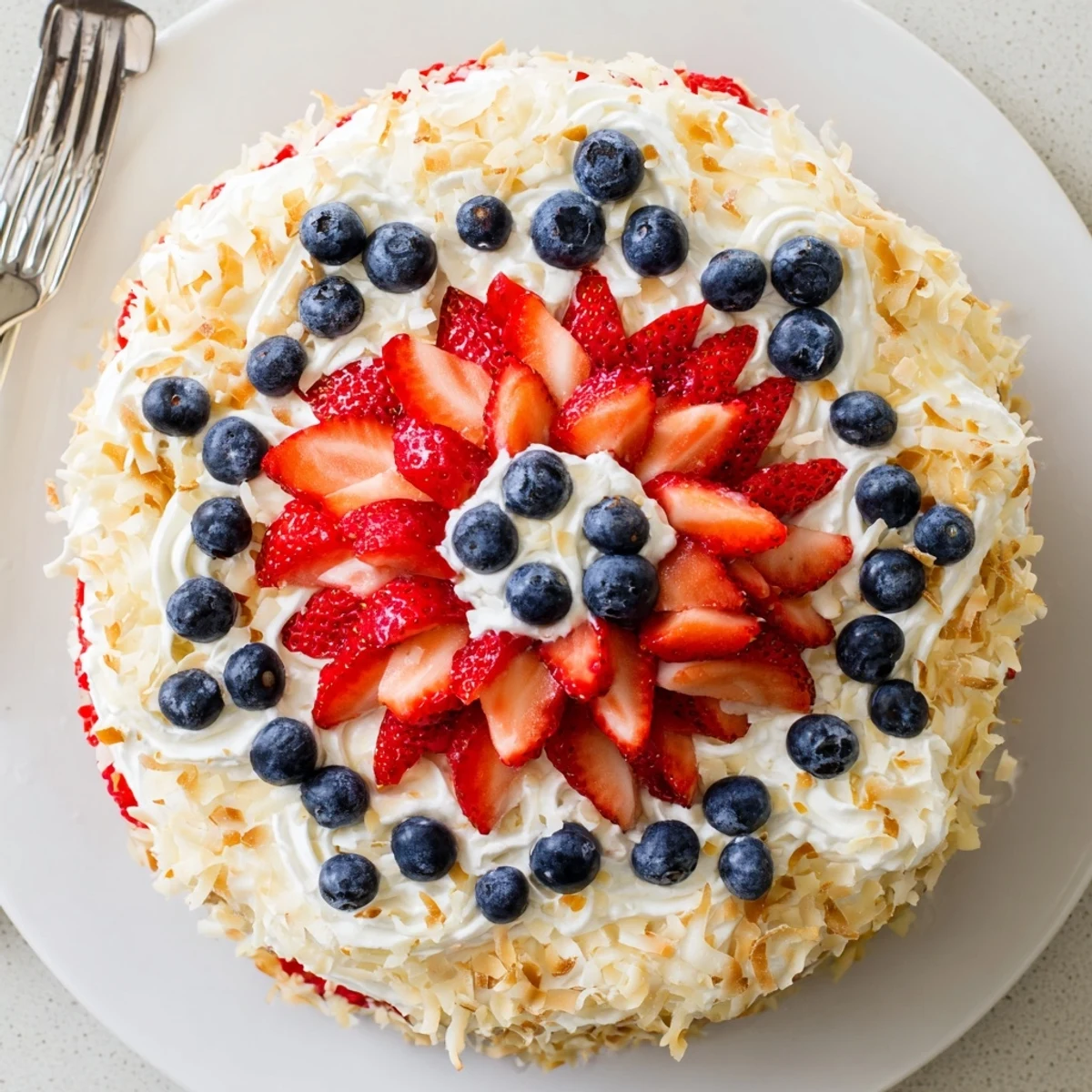 This Pineapple Coconut God Bless America Cake features a cream cheese frosting swirl and toasted coconut garnish.