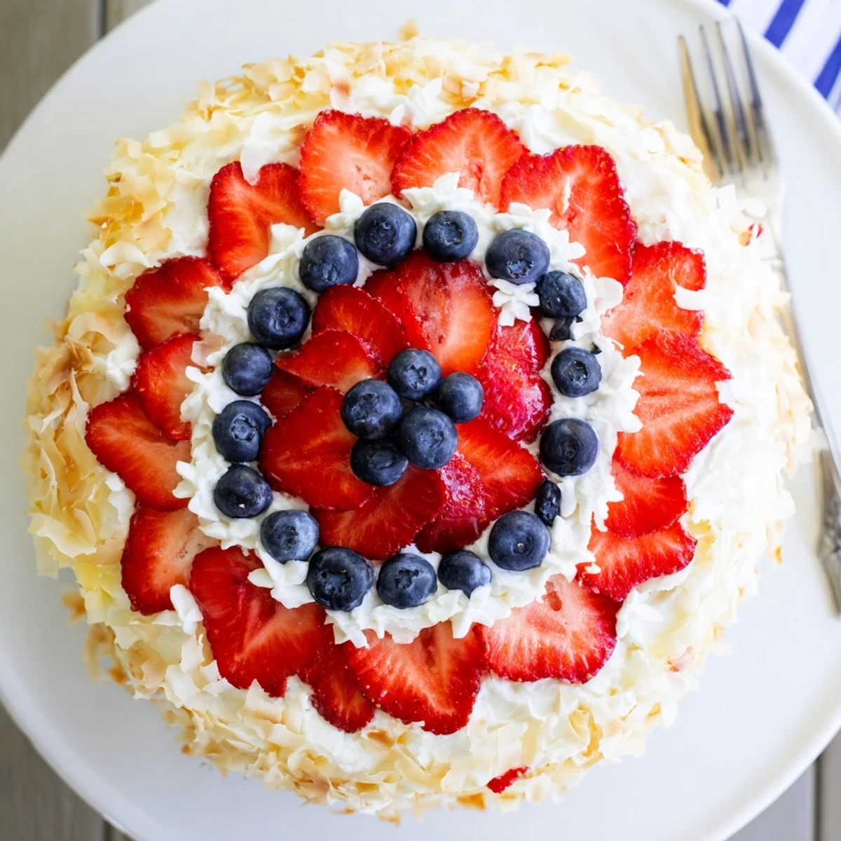 Close-up of the Pineapple Coconut God Bless America Cake decorated with fresh strawberries and blueberries.