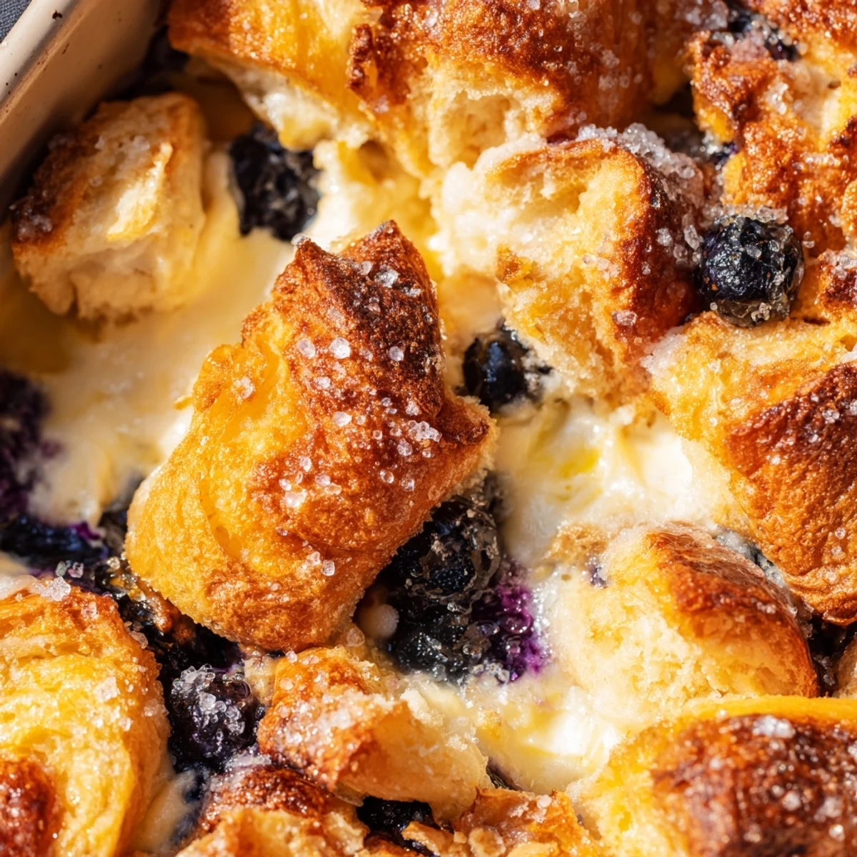 A close-up of Blueberry Cream Cheese Croissant Casserole reveals creamy cheese pockets and fresh berries nestled inside buttery croissant cubes in a ceramic dish.
