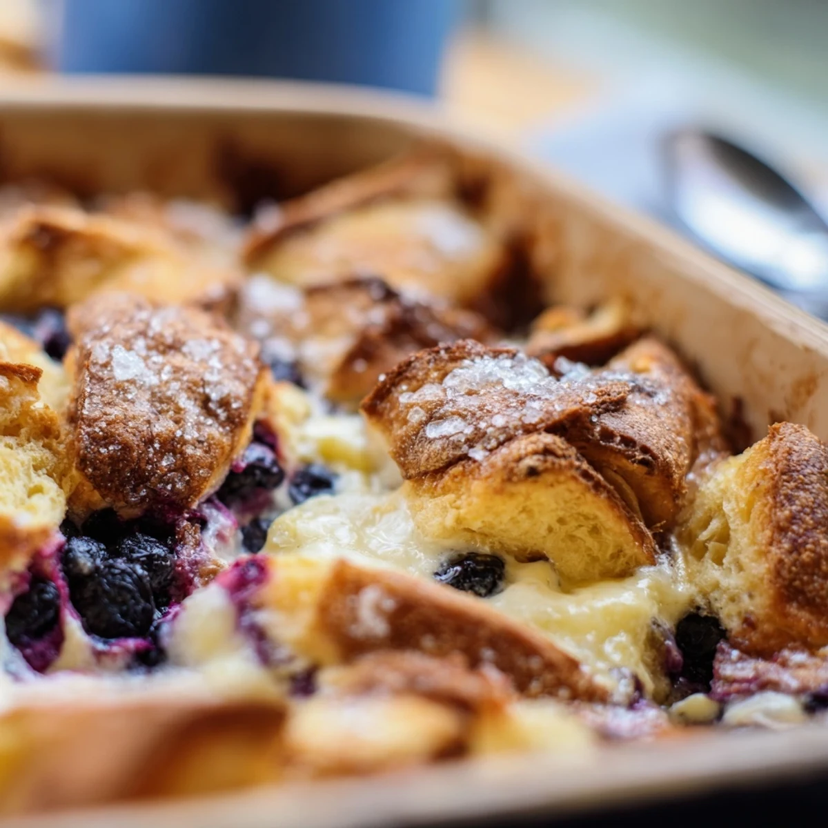 Golden-brown Blueberry Cream Cheese Croissant Casserole emerges from the oven with bubbly, juicy blueberries and flaky pastry layers on a rustic kitchen counter.