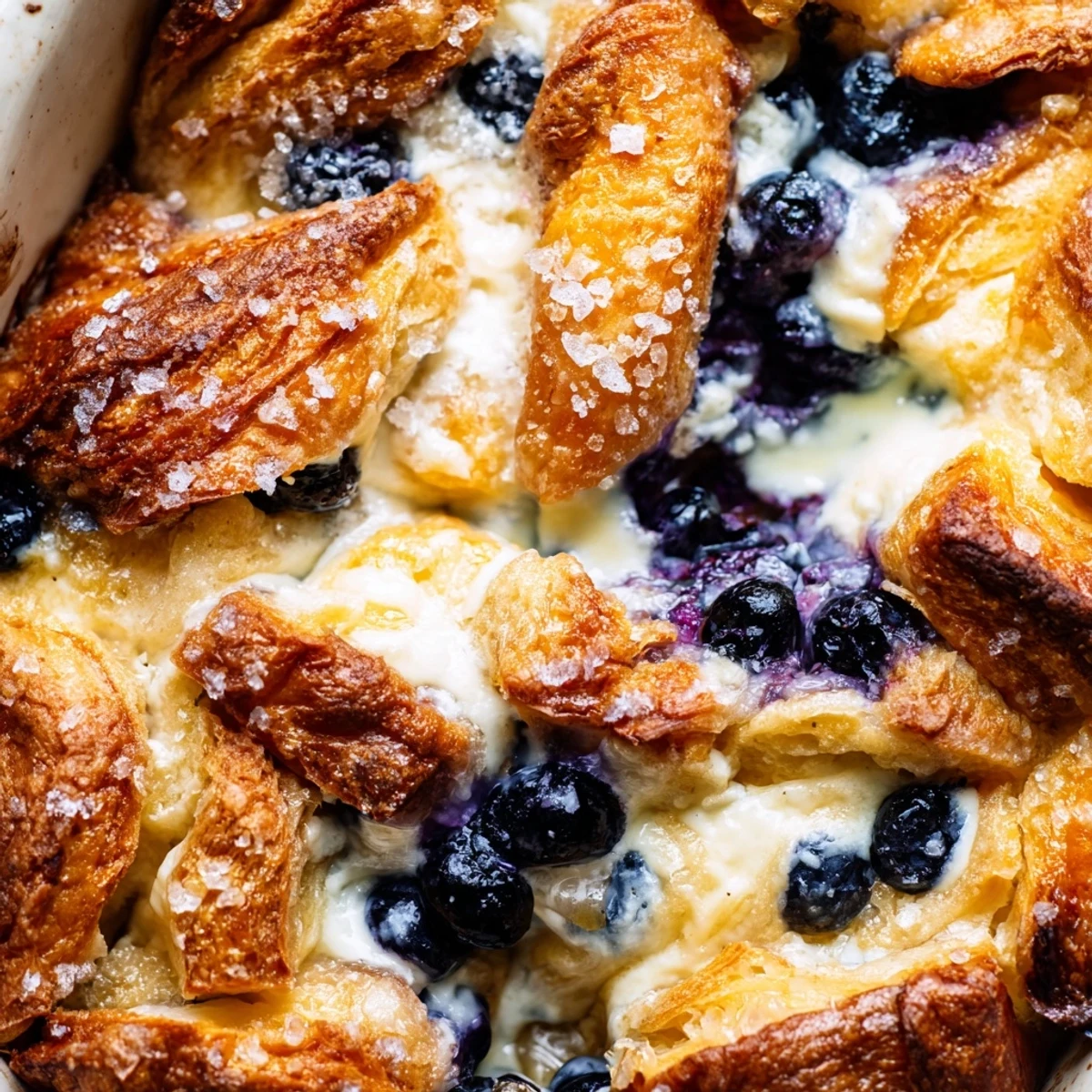 A warm slice of Blueberry Cream Cheese Croissant Casserole is plated with a dusting of powdered sugar, ready for a cozy American brunch or breakfast.