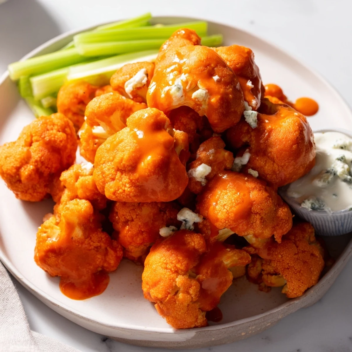Crispy Air Fryer Buffalo Cauliflower florets glistening with tangy sauce, served with cool celery sticks.