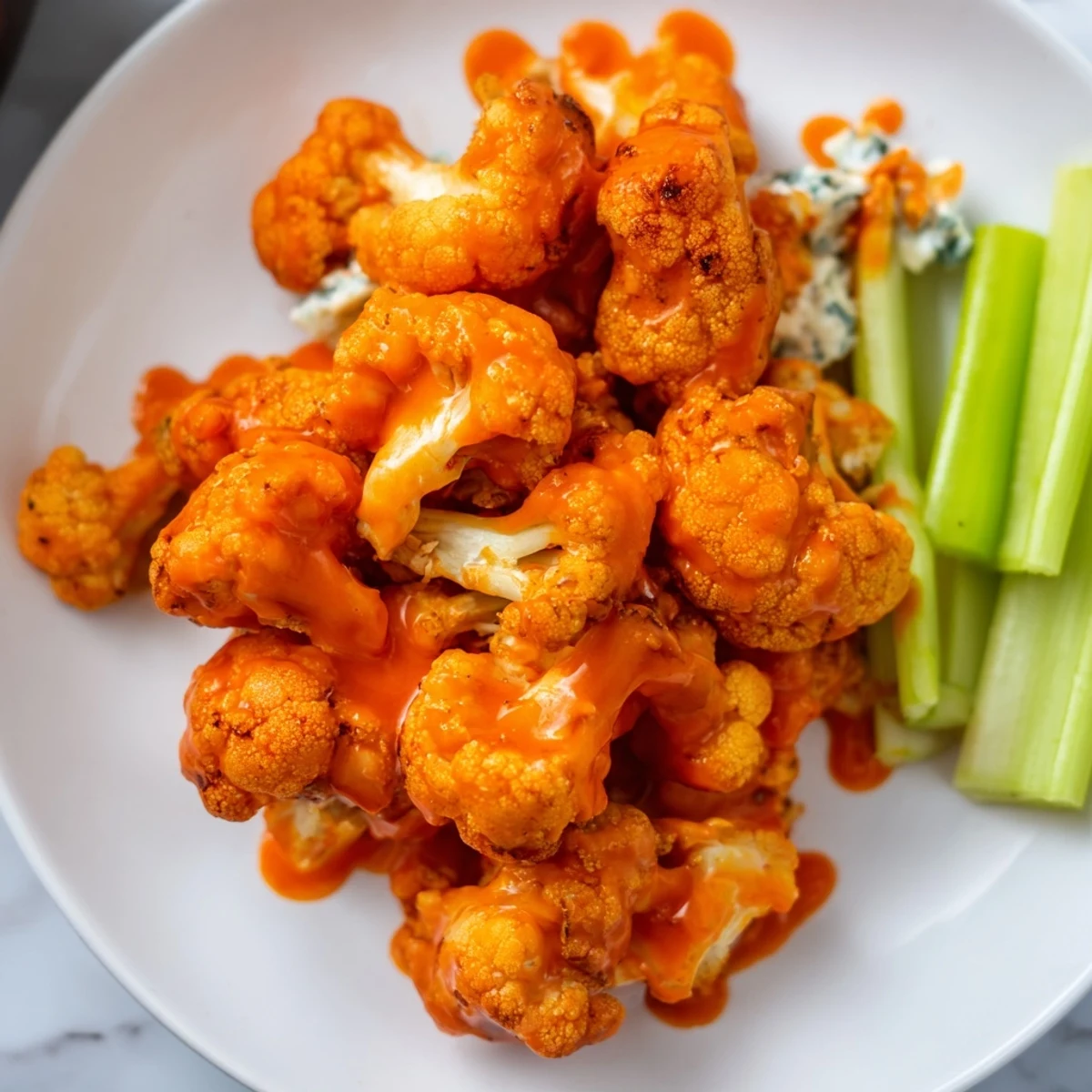 Air Fryer Buffalo Cauliflower with crunchy batter and spicy buffalo glaze, a perfect vegetarian appetizer.