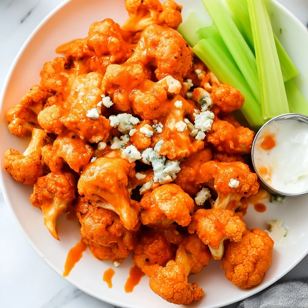Golden Air Fryer Buffalo Cauliflower tossed in buttery hot sauce, paired with ranch for dipping.