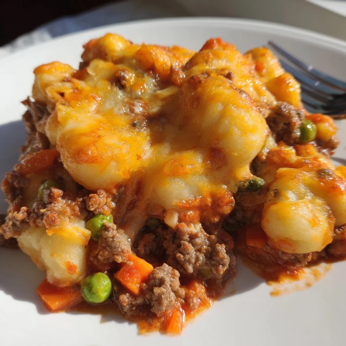 Golden baked Quick Gnocchi Shepherds Pie with melted cheddar and Parmesan, served bubbling from the oven.