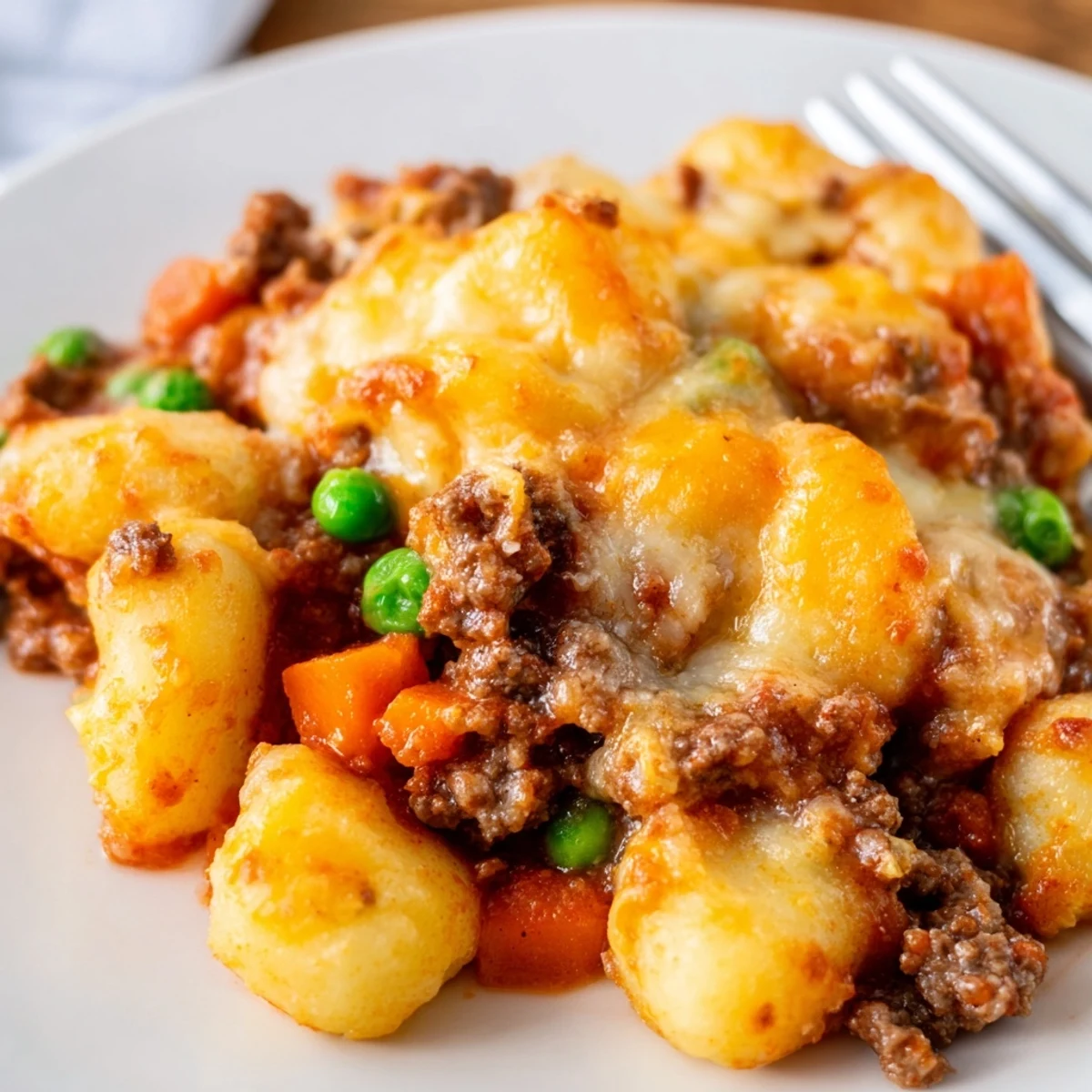 Rustic Quick Gnocchi Shepherds Pie in a skillet with ground beef, peas, carrots, and buttery gnocchi.