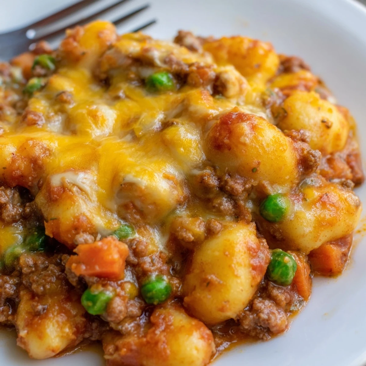 Comforting Quick Gnocchi Shepherds Pie topped with golden cheese crust, perfect alongside a fresh green salad.