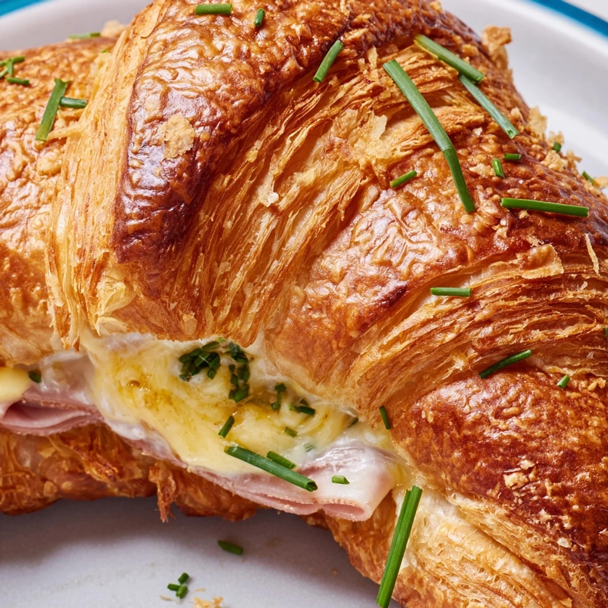 A close-up shows Stuffed Croissants brushed with egg wash and dusted with Parmesan crumbs.
