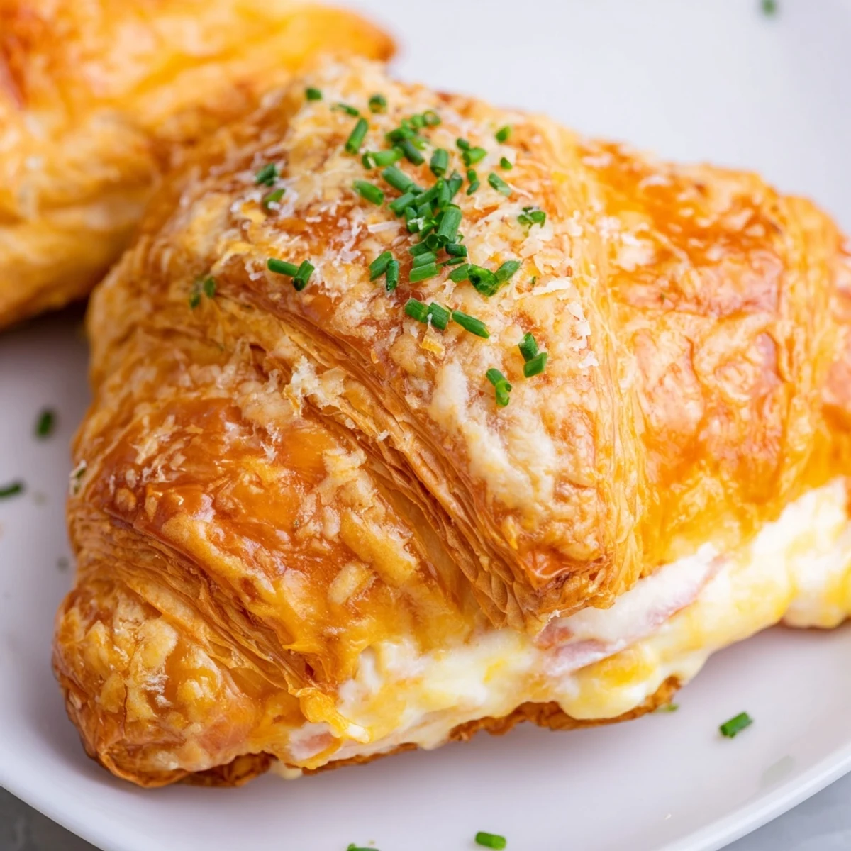 Golden-baked Stuffed Croissants with melty Swiss cheese and ham peeking out from flaky layers.