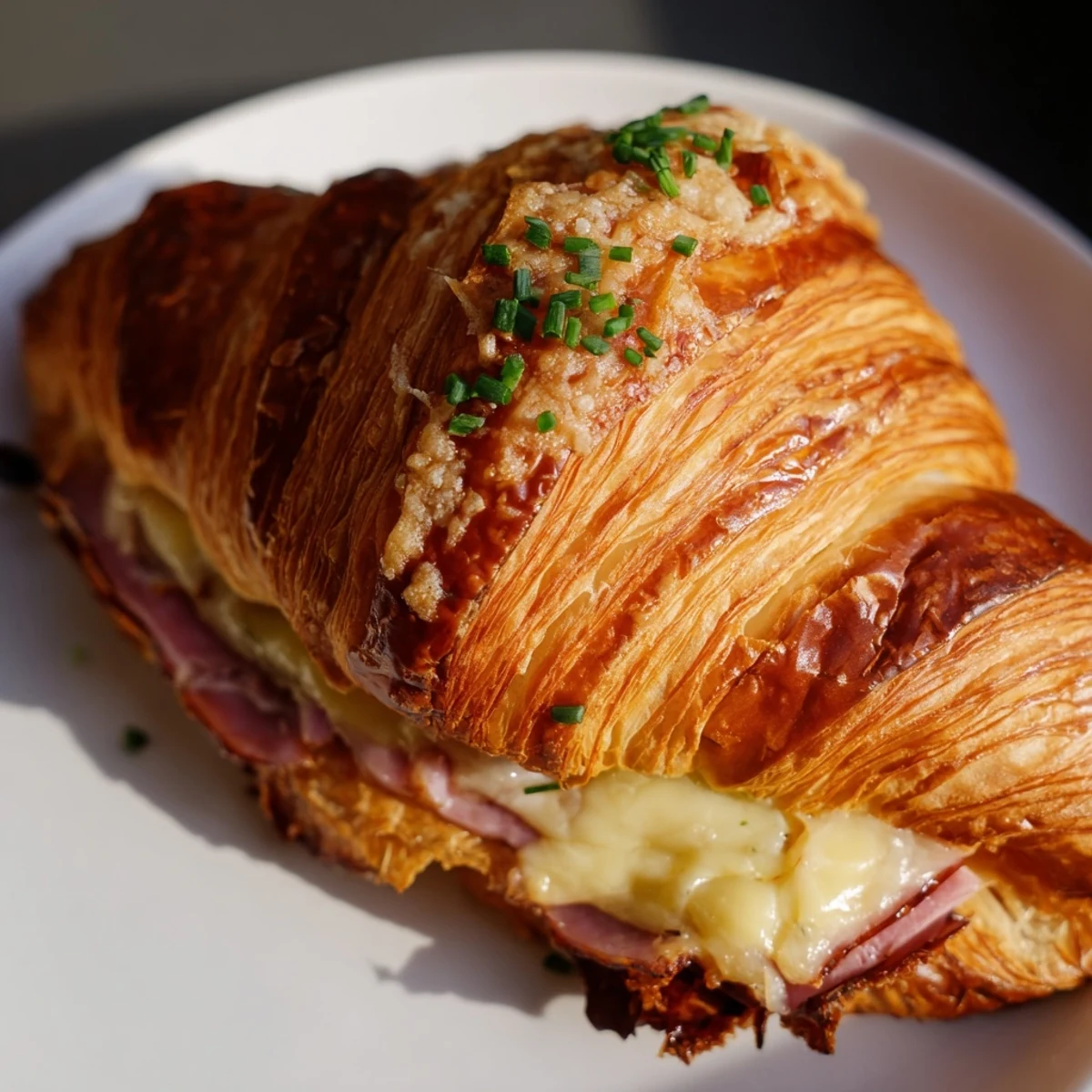 Fresh chives garnish warm Stuffed Croissants on a rustic plate near a small salad.