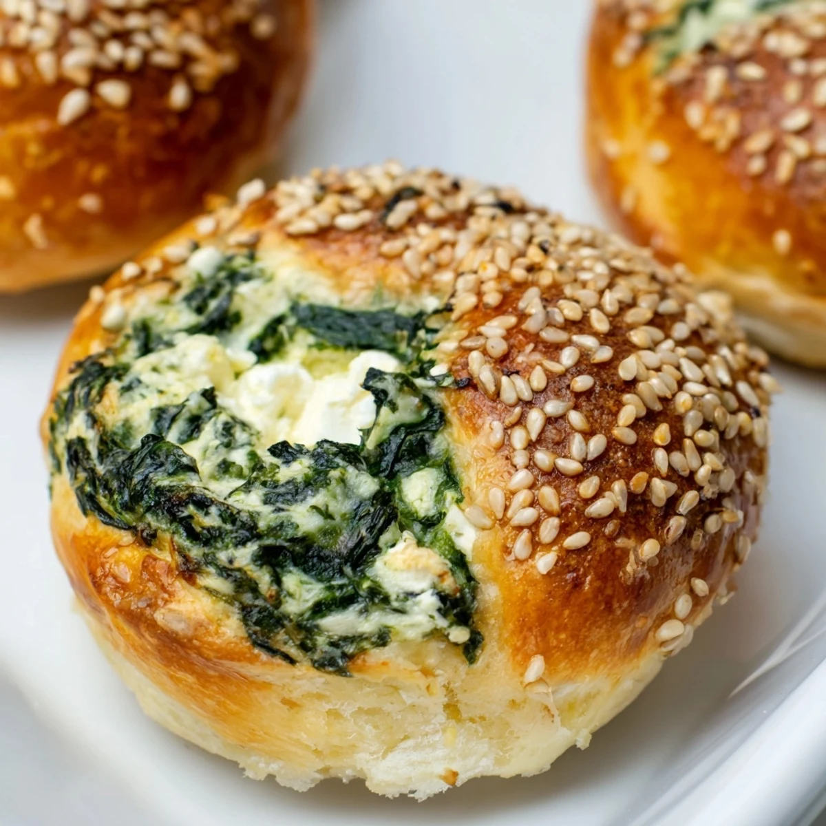 Freshly baked Spinach Cottage Cheese Flagels with golden sesame seeds on a wooden cutting board, ready to slice.