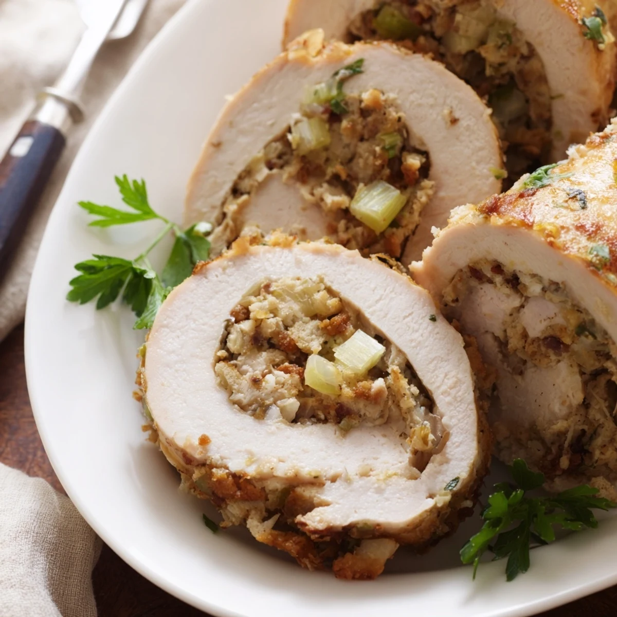 Golden-baked Flavor-Packed Turkey Roll Ups with Stuffing arranged on a white plate with fresh parsley garnish.