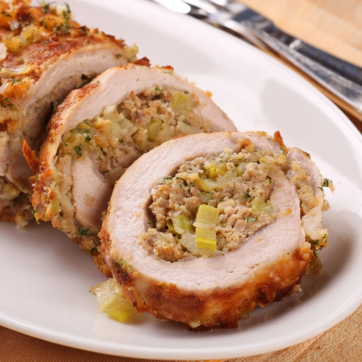 A close-up of Flavor-Packed Turkey Roll Ups with Stuffing showing juicy turkey and herb breadcrumbs on a rustic table.