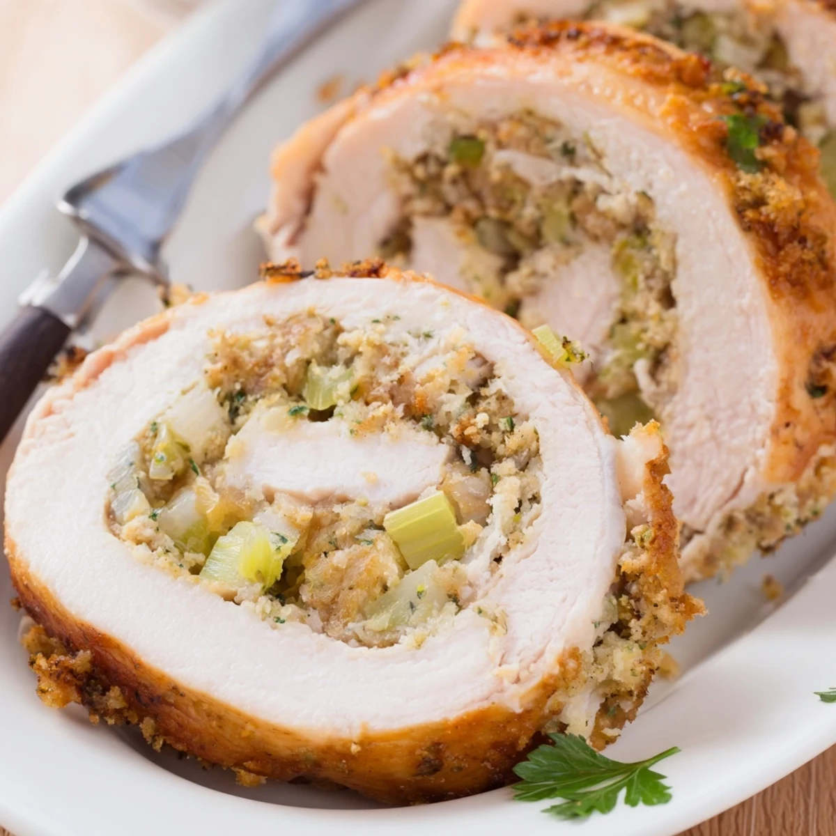 Freshly baked Flavor-Packed Turkey Roll Ups with Stuffing served warm beside a small bowl of cranberry sauce.