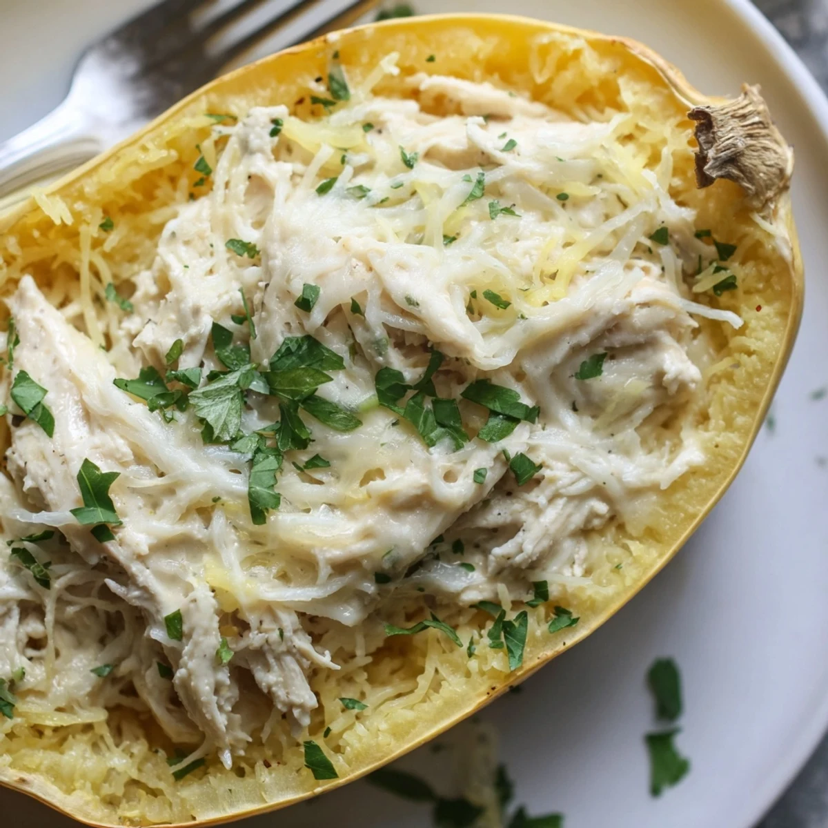 Roasted spaghetti squash boats filled with tender chicken and creamy Alfredo cheese sauce.