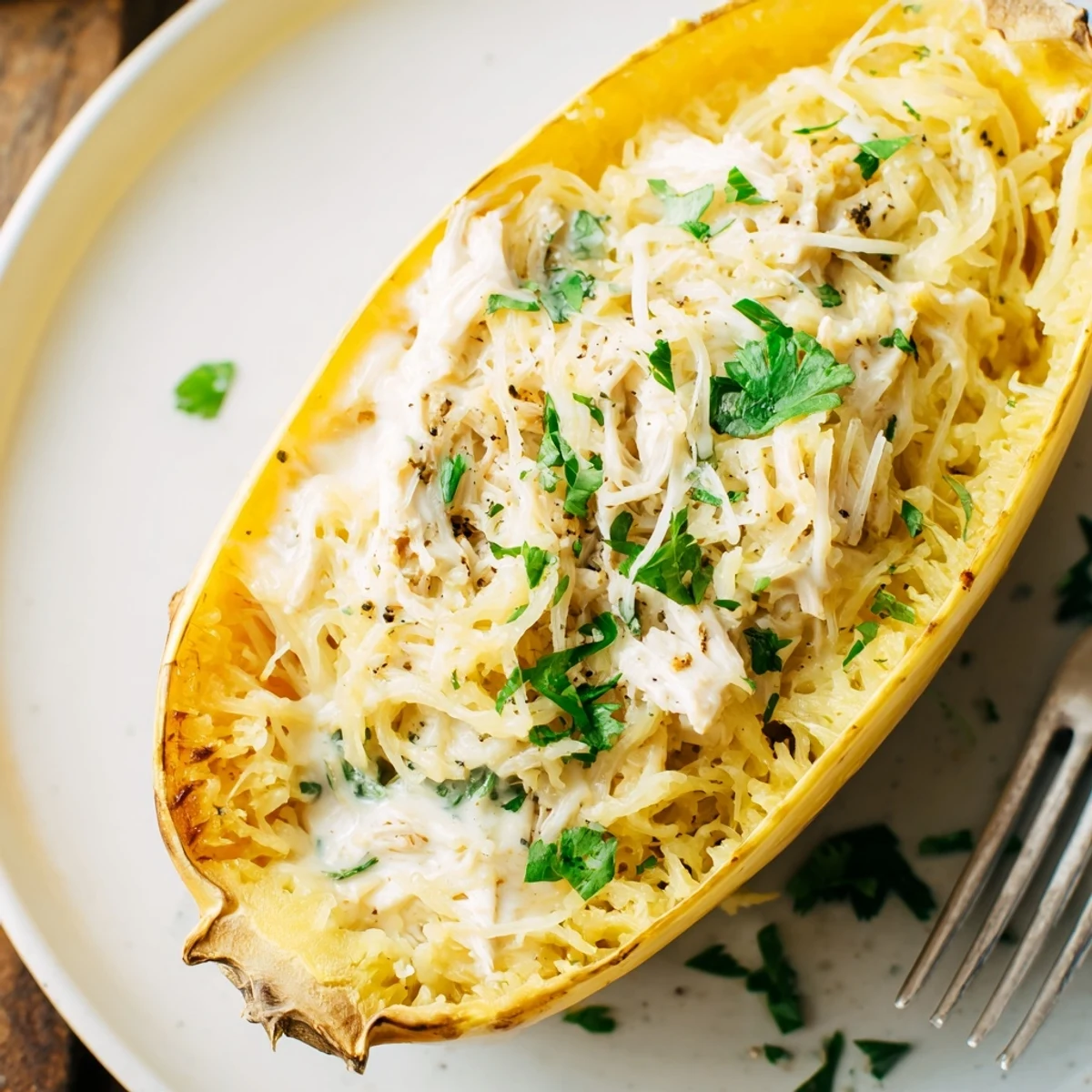 Golden, bubbly Chicken Alfredo Spaghetti Squash Boats served hot from the oven.