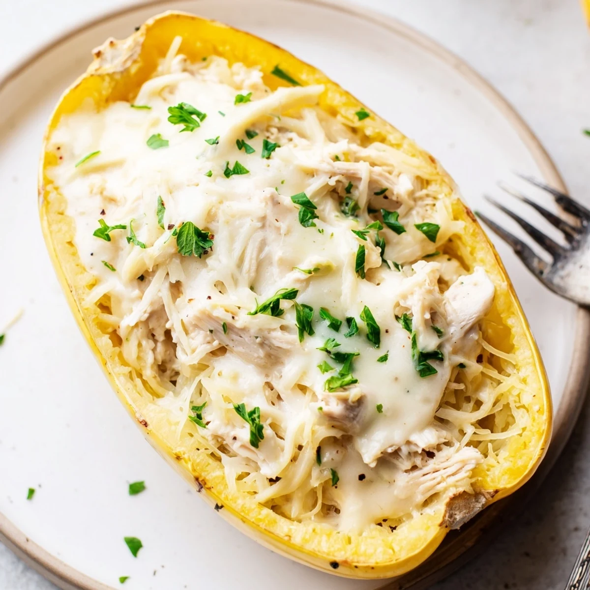 A close-up view of stuffed Chicken Alfredo Spaghetti Squash Boats garnished with parsley.
