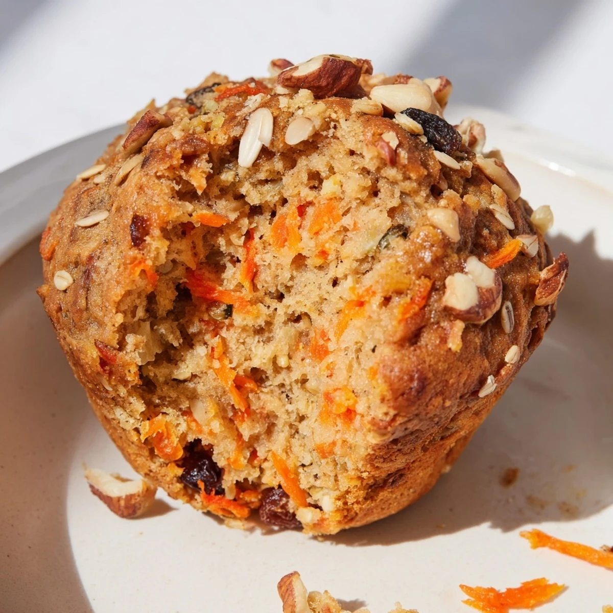 Freshly baked Morning Glory Muffins packed with grated carrots, apples, and crunchy walnuts on a cooling rack.