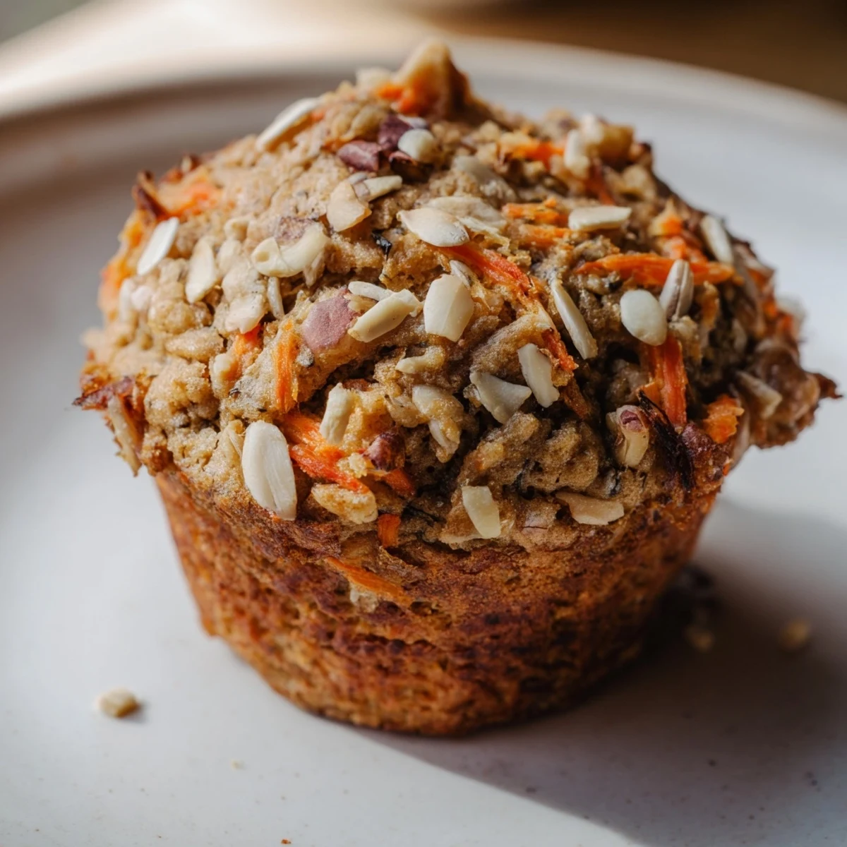 A close-up of moist Morning Glory Muffins with warm spices, raisins, and a golden-brown crumb top.