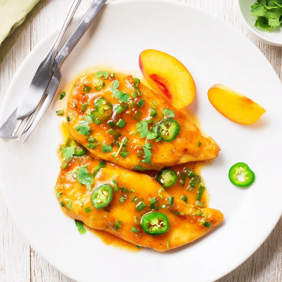 Juicy Jalapeño Peach Glazed Chicken rests on a plate garnished with fresh cilantro and sliced peaches.