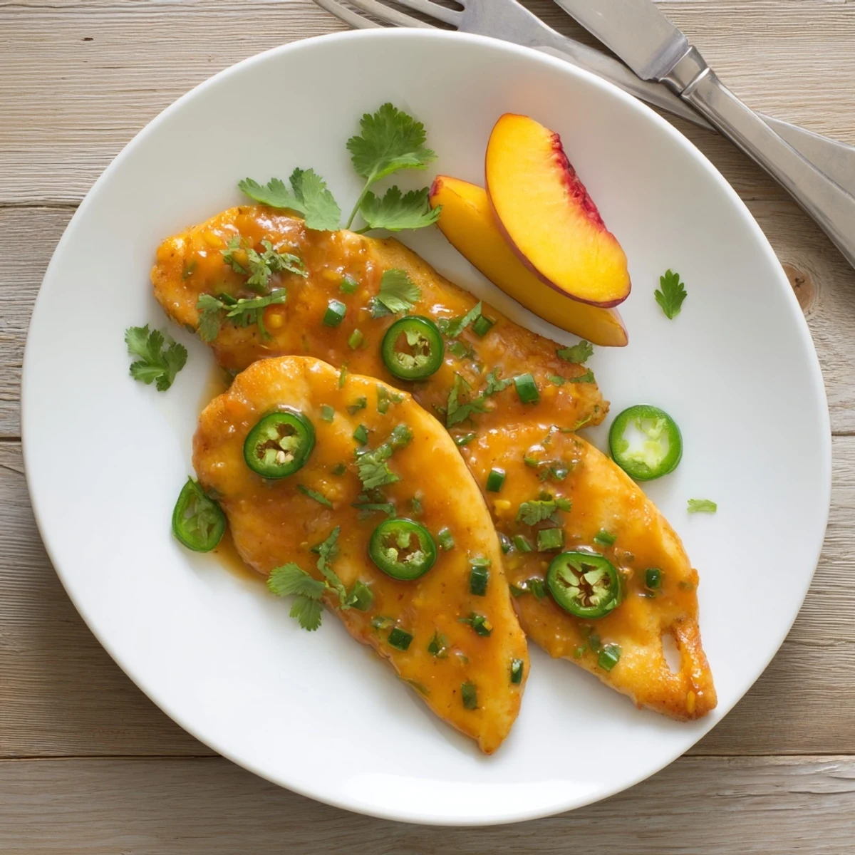 Golden-brown Jalapeño Peach Glazed Chicken fresh from the oven, showcasing a sticky, sweet and spicy sauce.