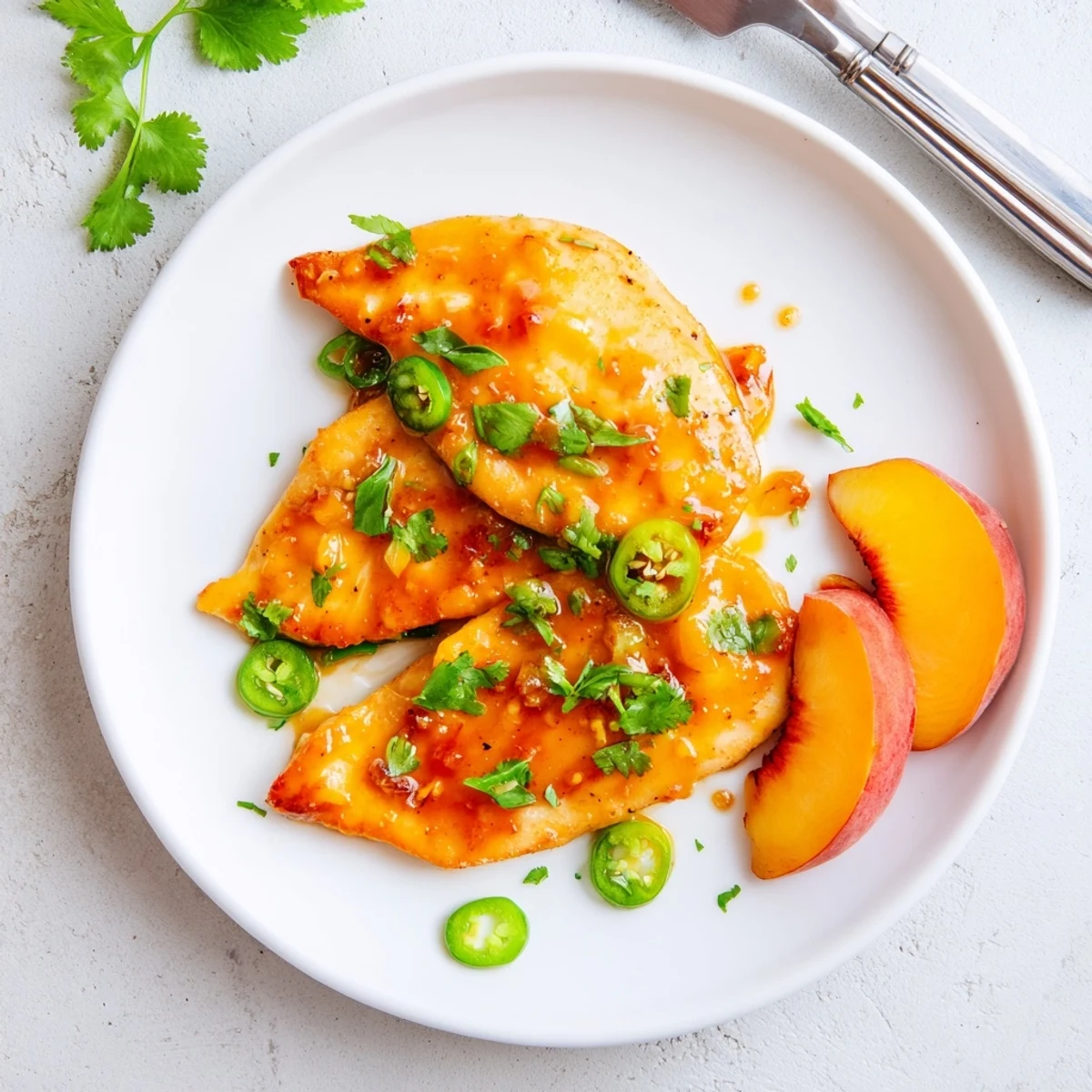 A skillet of sizzling Jalapeño Peach Glazed Chicken served alongside fluffy rice and roasted vegetables.