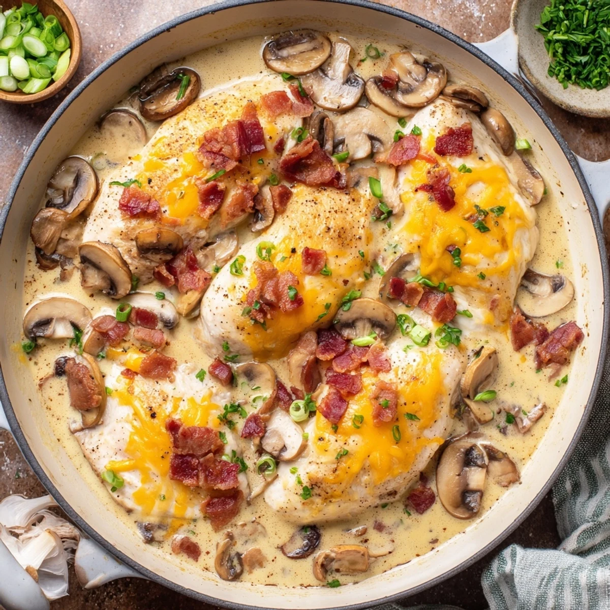 The Mississippi Mud Chicken recipe features crispy bacon and sautéed mushrooms smothered in a rich, creamy sauce, ready to be spooned over mashed potatoes.