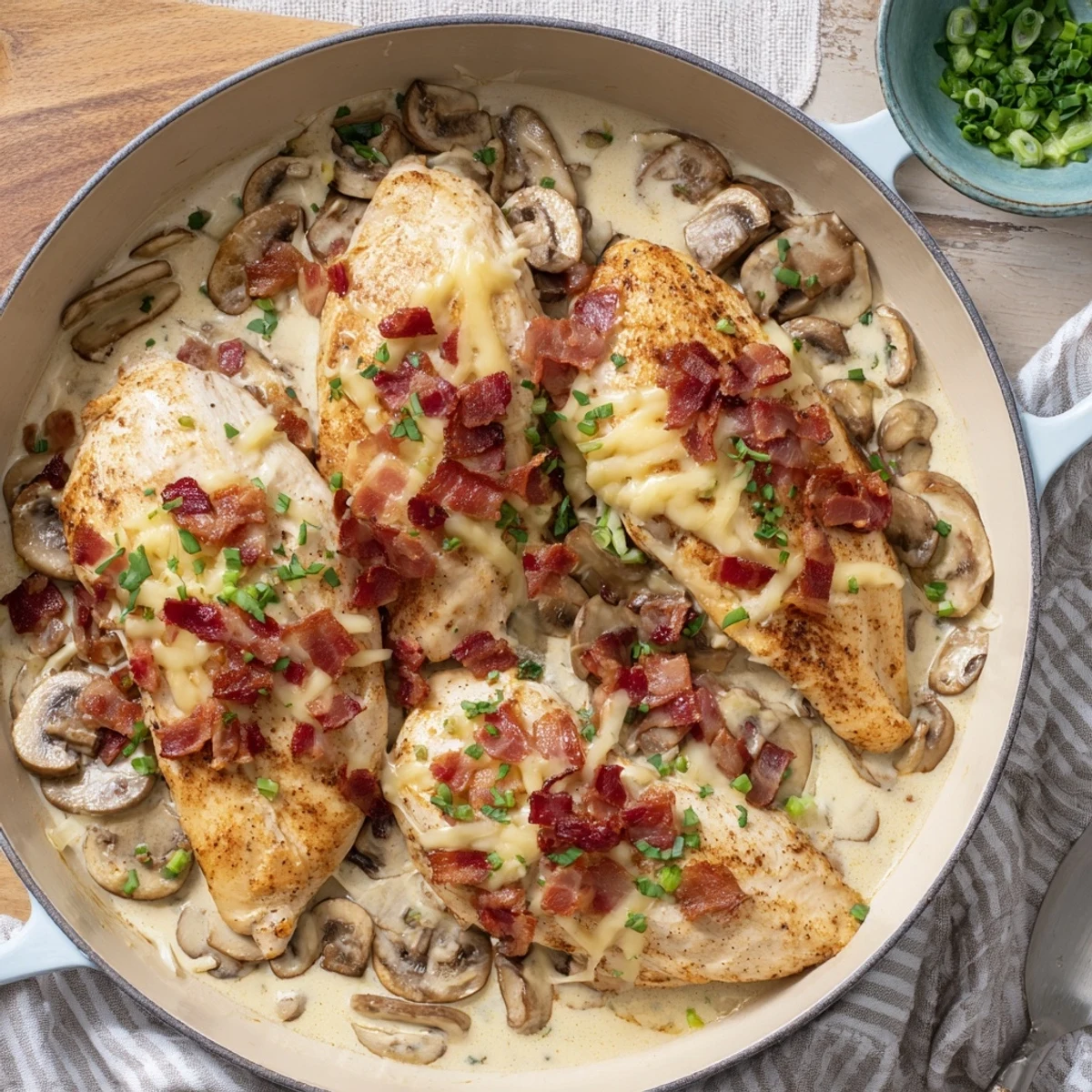 Golden seared chicken breasts baked under a bubbling layer of melted cheddar and mozzarella in the Mississippi Mud Chicken recipe, served in a rustic skillet.