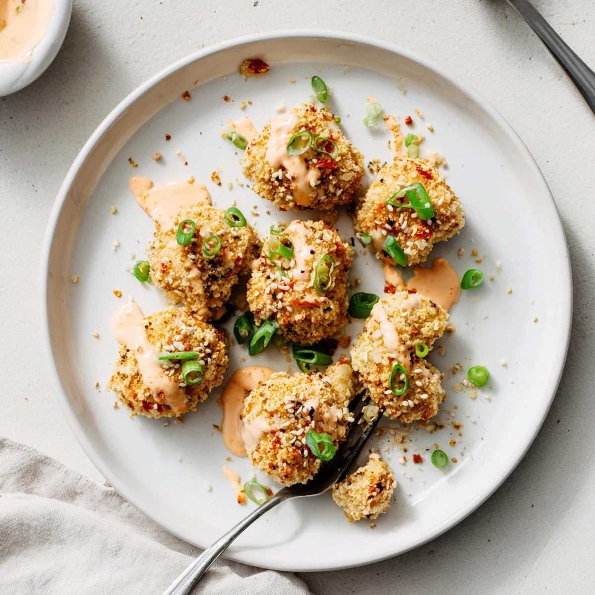 Golden, crispy Quick Low Carb Bang Bang Chicken bites glistening with creamy, spicy sauce on a white plate, garnished with fresh green scallions and toasted sesame seeds.