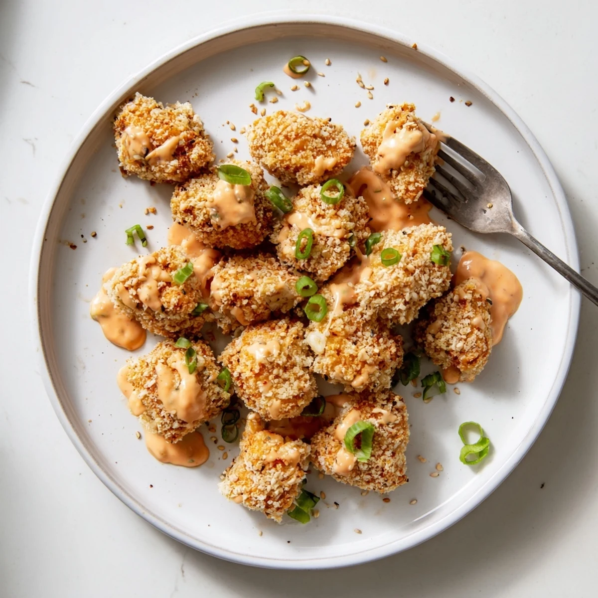 Savory Quick Low Carb Bang Bang Chicken served over crisp lettuce cups, showing a side of colorful cauliflower rice and a drizzle of extra tangy sauce.